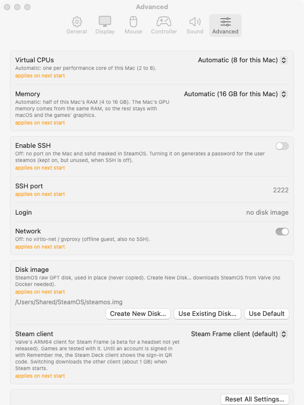 Settings: Advanced tab