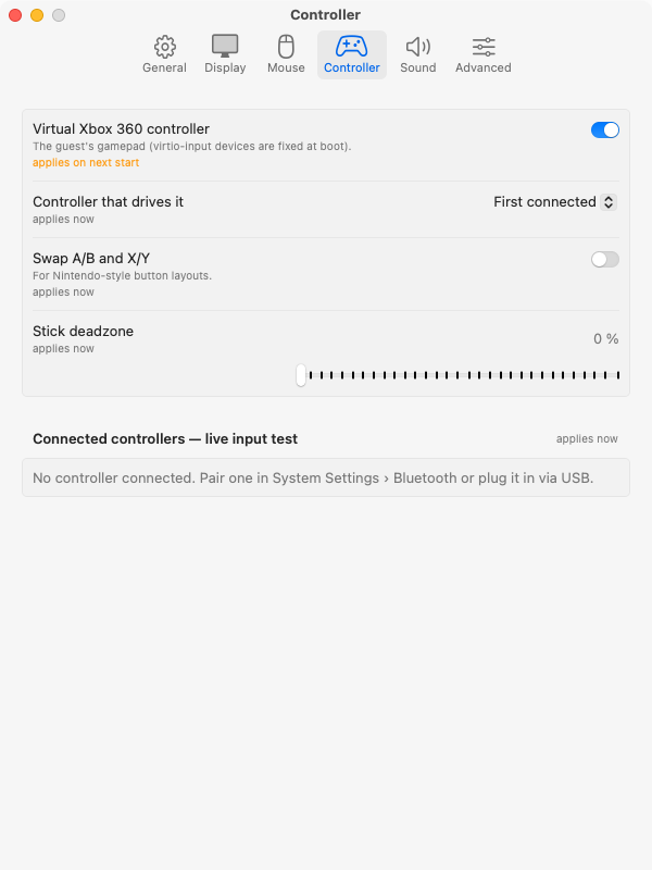 Settings: Controller tab