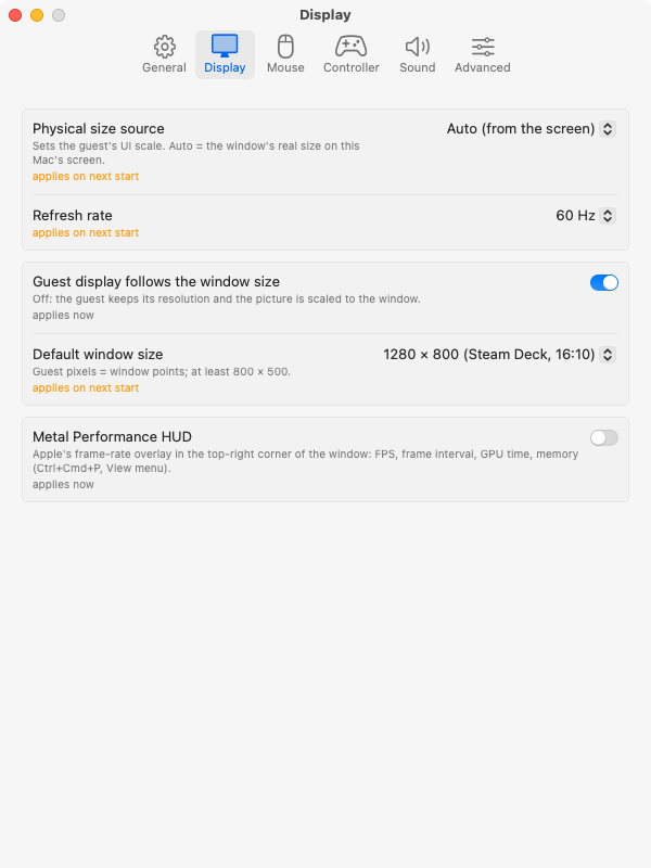 Settings: Display tab