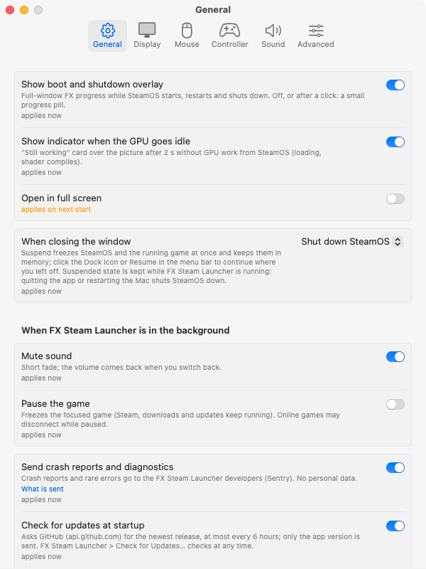 Settings: General tab
