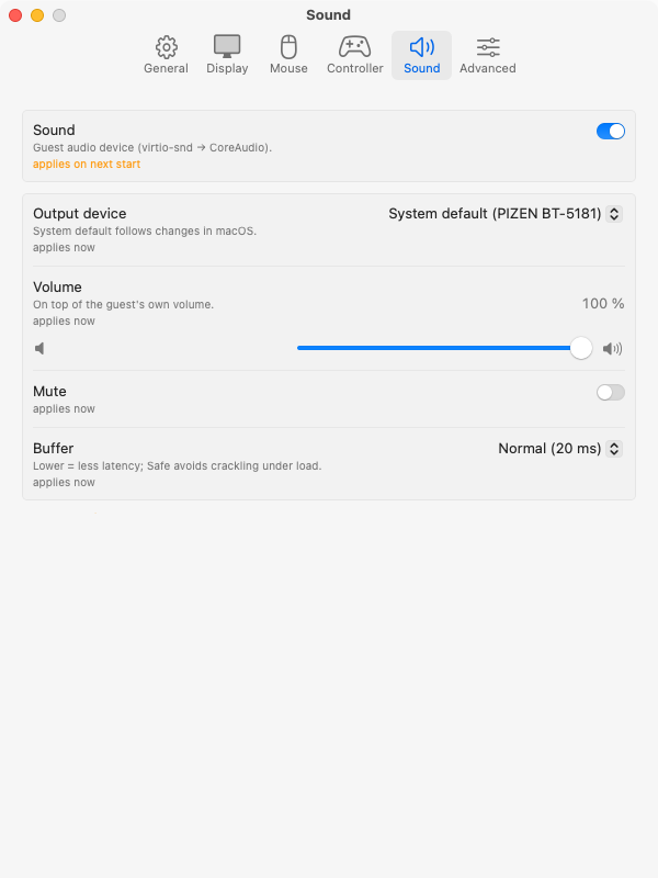 Settings: Sound tab