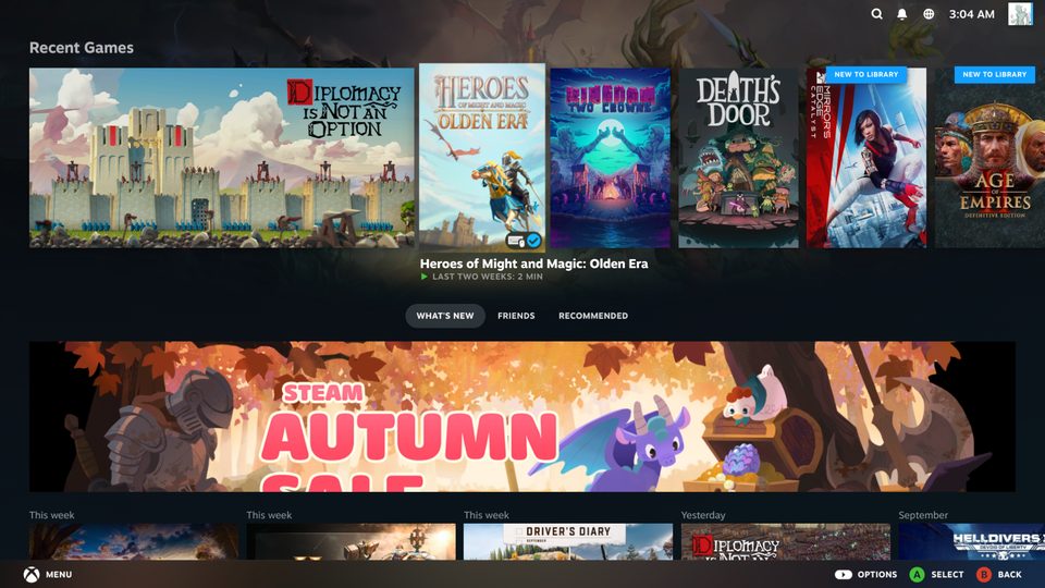 Steam gamepad UI home screen in the VM